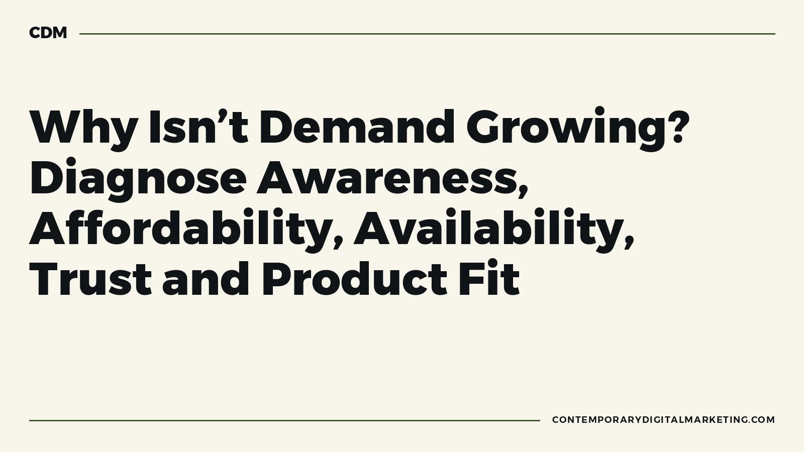 A five-part demand diagnostic arranged around a central customer decision, covering awareness, affordability, availability, trust and product fit.